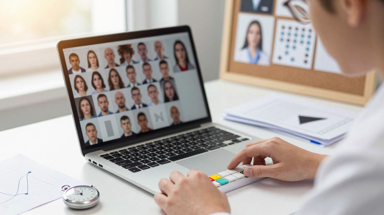 Persoon werkt op laptop met foto's van diverse mensen op het scherm, stopwatch en papieren op bureau.