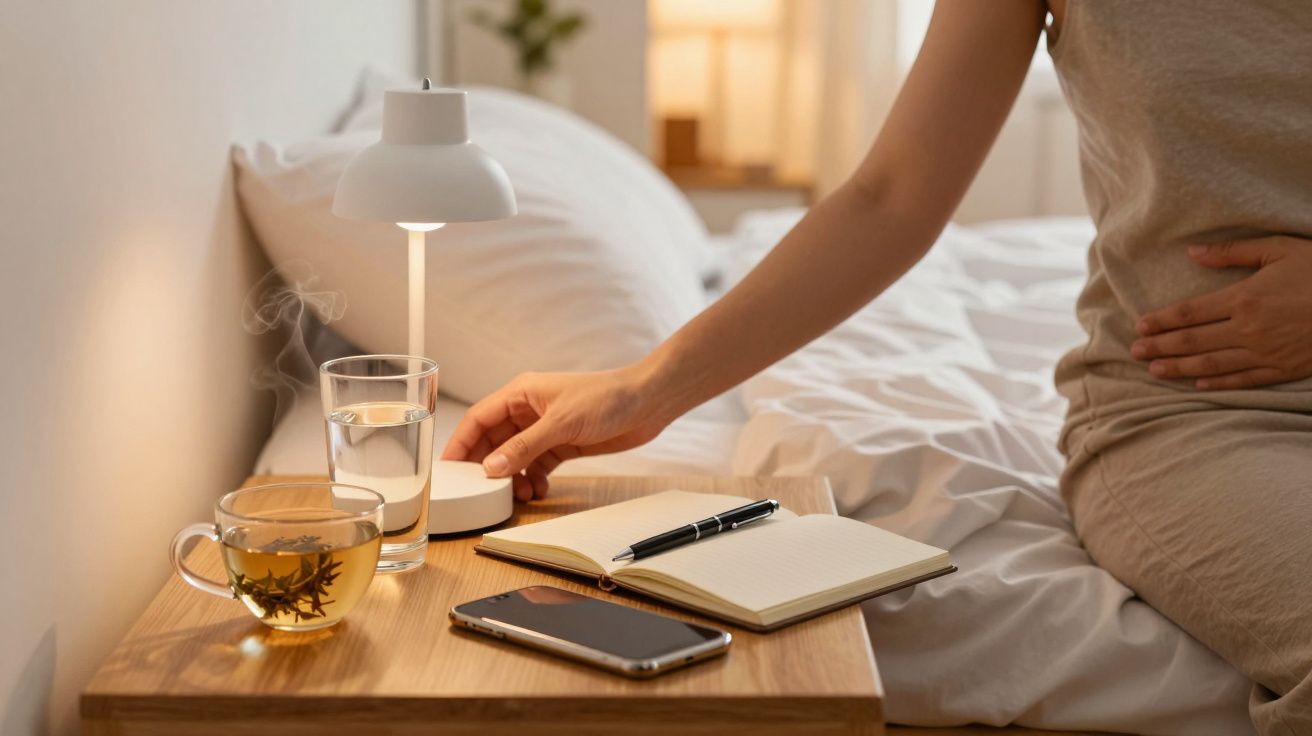 Persoon zet lamp aan naast bed met kopje thee, glas water, notitieboekje en telefoon op houten nachtkastje.