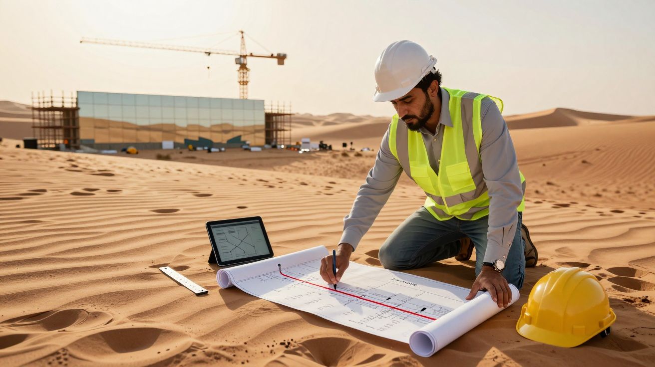 Man in veiligheidshes en helm werkt aan bouwtekeningen in de woestijn, met tablet en bouwkraan op de achtergrond.