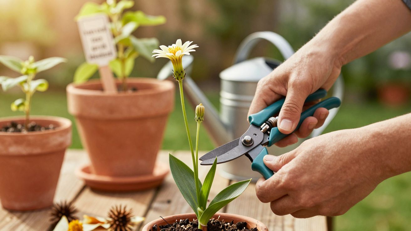 Handen snoeien een gele bloem in een terracotta pot met een snoeischaar. Andere potplanten en gieter op achtergrond.