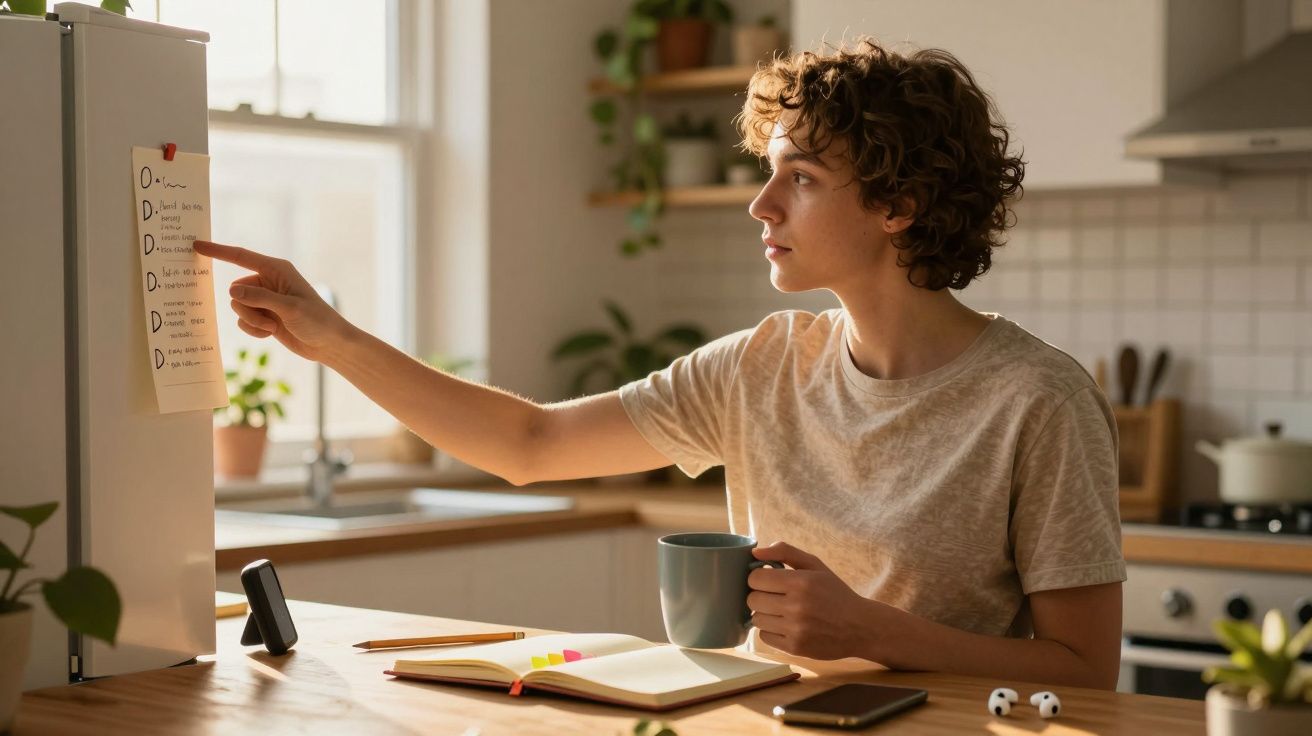 Persoon leest een magnetisch boodschappenlijstje op de koelkast, zittend aan een tafel met een notitieboek en een mok.