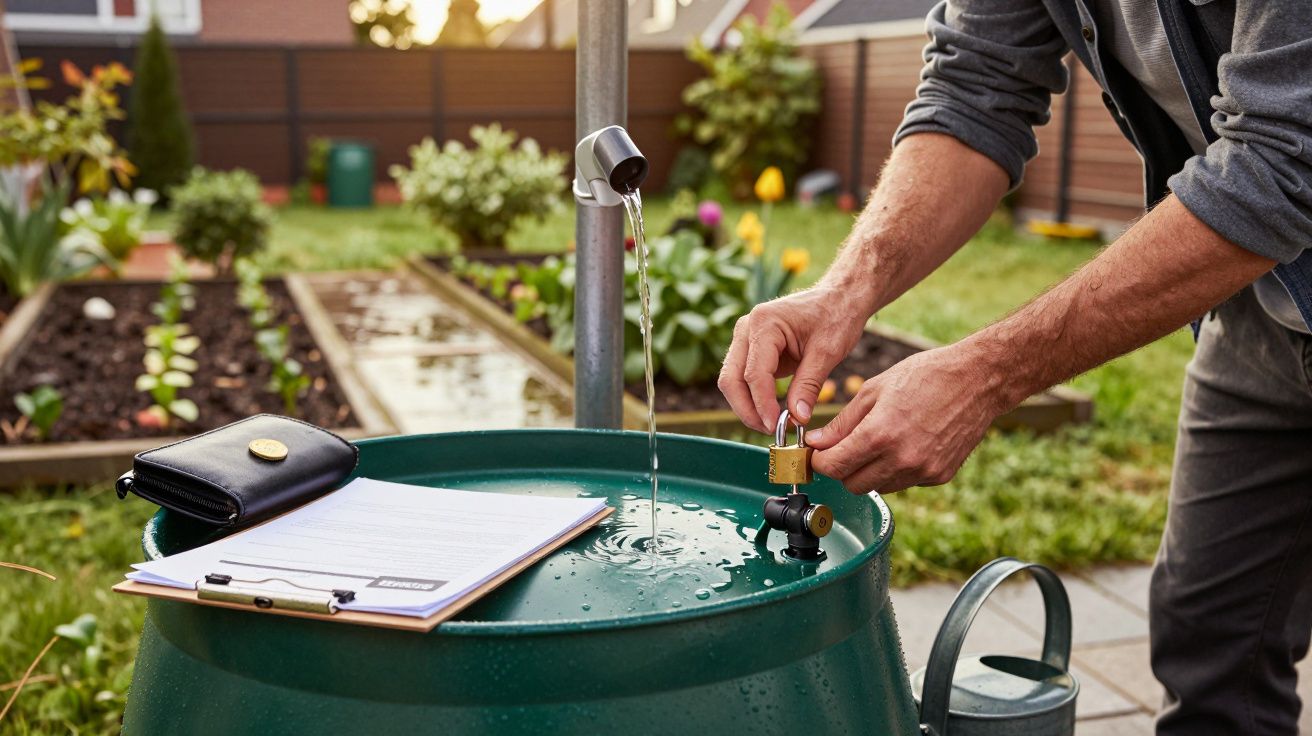Man stelt kraanstuk in op groene regenton in tuin bij verhoogde moestuinbedden, met een notitieblok en gieter naast hem.