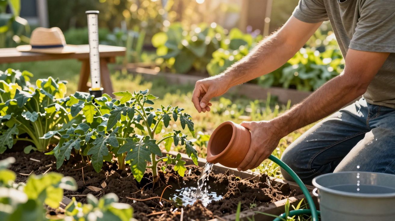 Persoon giet water over planten in een moestuin, met een gieter naast een regenton en een strohoed op de achtergrond.