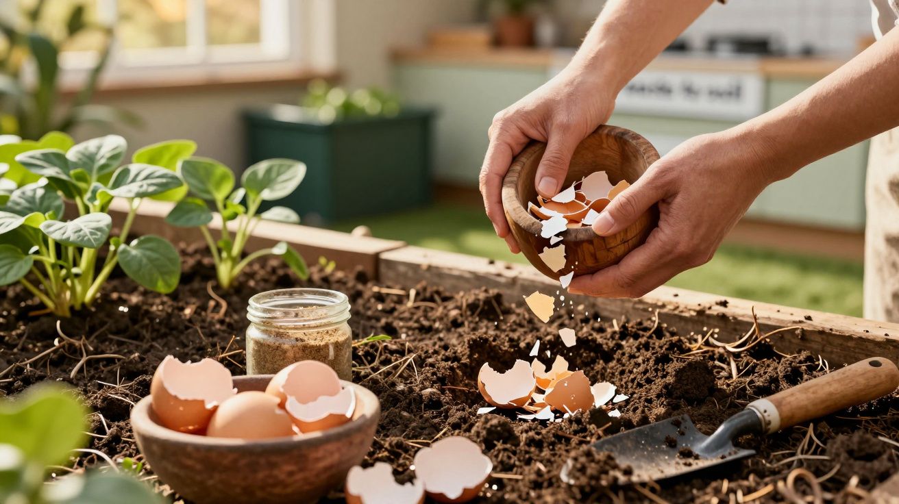 Persoon strooit eierschalen in tuinbed met planten, naast potje mest en schep.