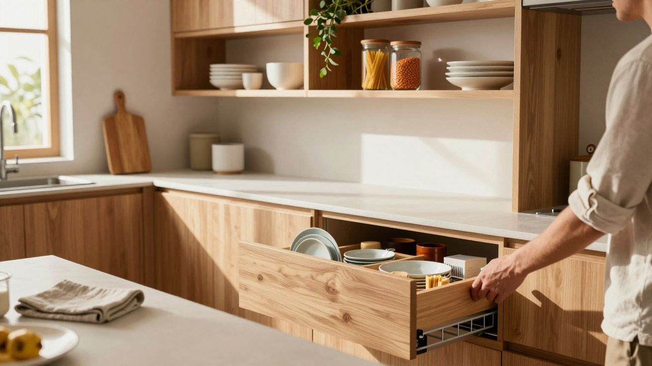 Persoon opent houten lade van moderne keuken gevuld met borden en keukengerei, onder goed verlichte open planken.