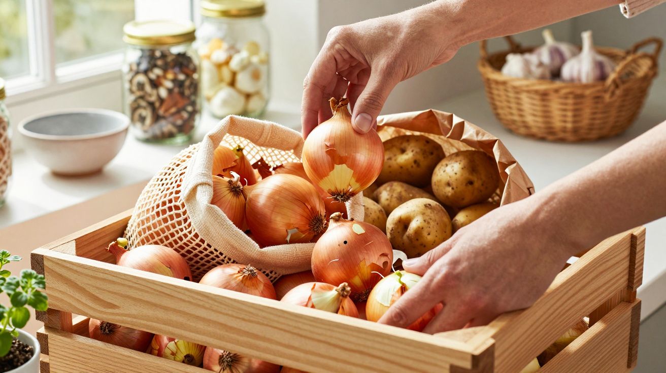 Houten krat gevuld met uien en aardappelen. Handen pakken een ui uit een juten zak, omringd door keukenbenodigdheden.