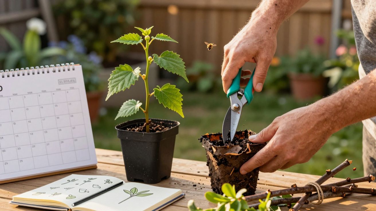 Tuinman met snoeischaar, jonge plant in pot, open notitieboek en kalender, zonnige tuin.