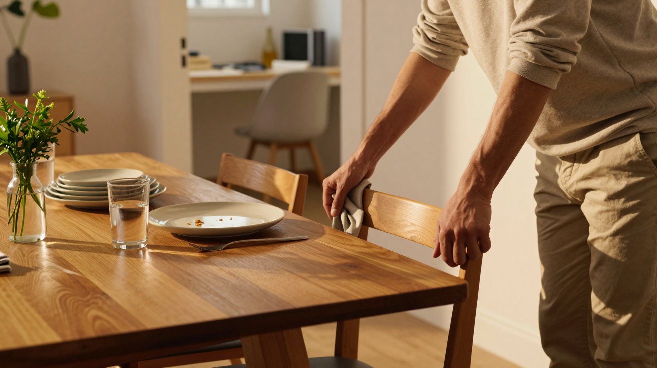 Persoon ruimt tafel af met borden, glas en bloemen in vaas in zonovergoten eetkamer.