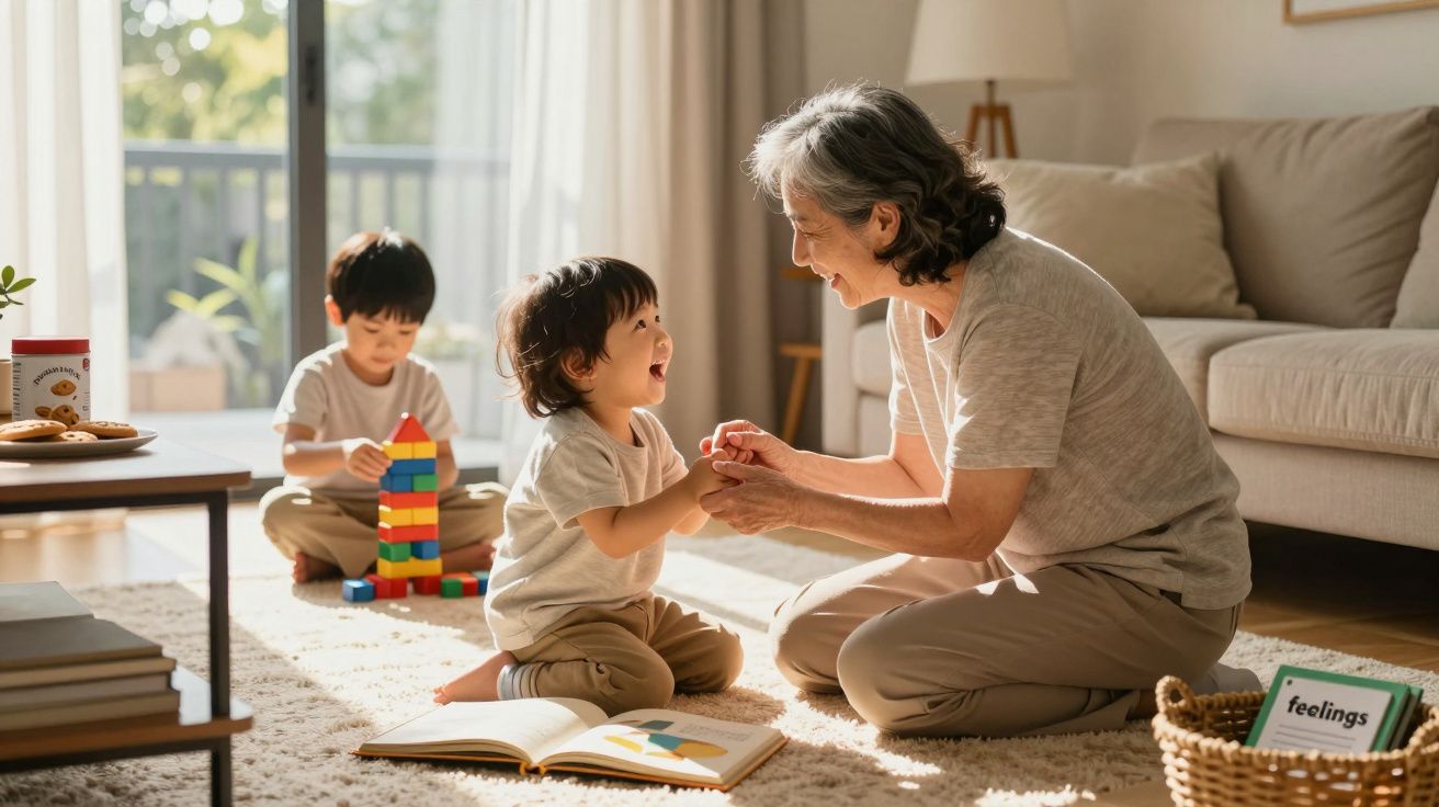 Oma speelt lachend met kleinkinderen; één bouwt met blokken, ander zit op vloer met open boek in zonovergoten woonkamer.