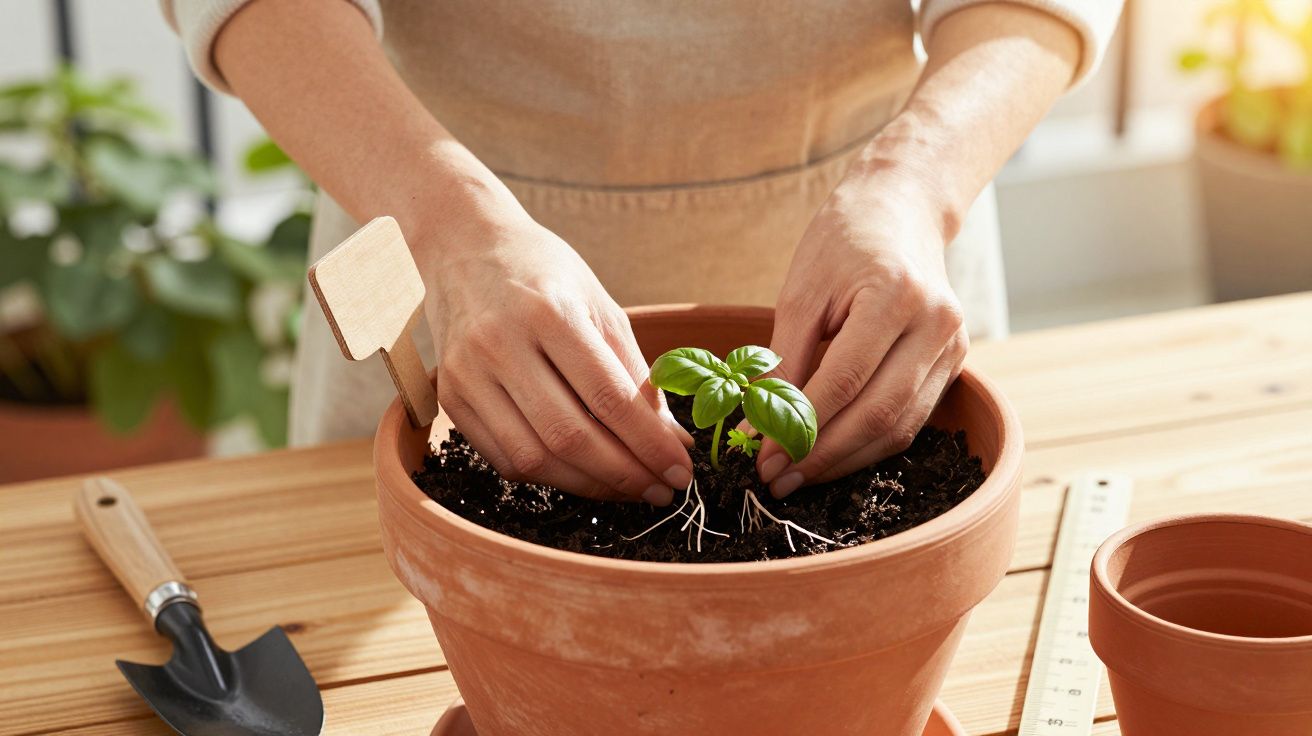 Persoon plant een klein basilicumplantje in een terracotta pot op een houten tafel, met een schepje en liniaal erbij.