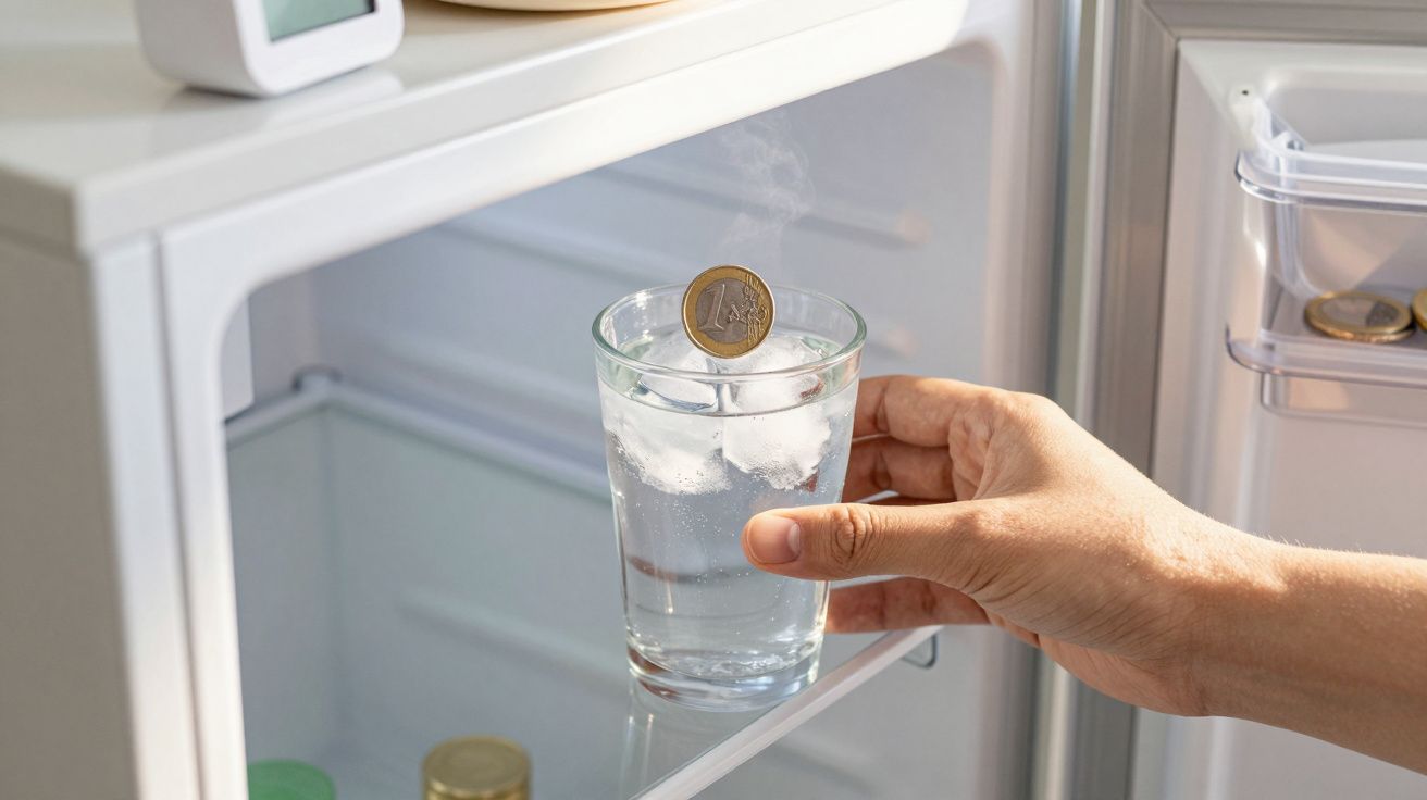 Hand plaatst glas water met ijs en muntstuk in de koelkast.