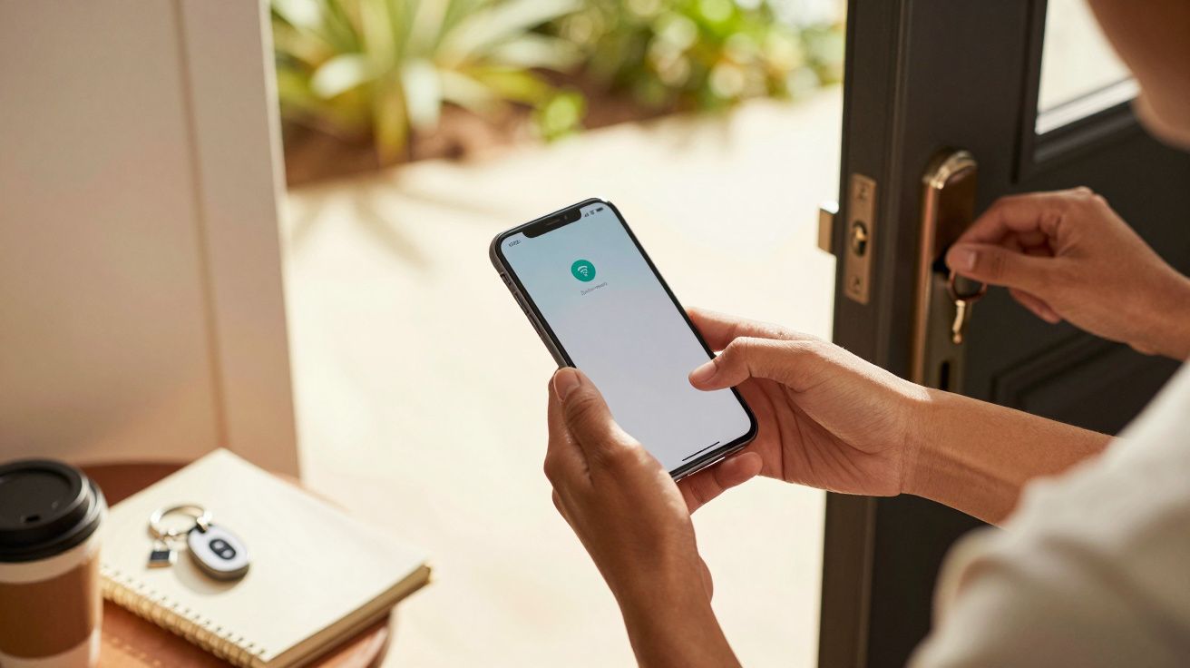 Persoon gebruikt smartphone-app om een deur te openen; sleutel in slot, notitieboek, sleutelhanger en kop koffie op tafel.