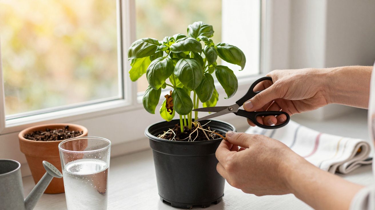 Handen knippen basilicumplant in pot naast glas water op vensterbank.