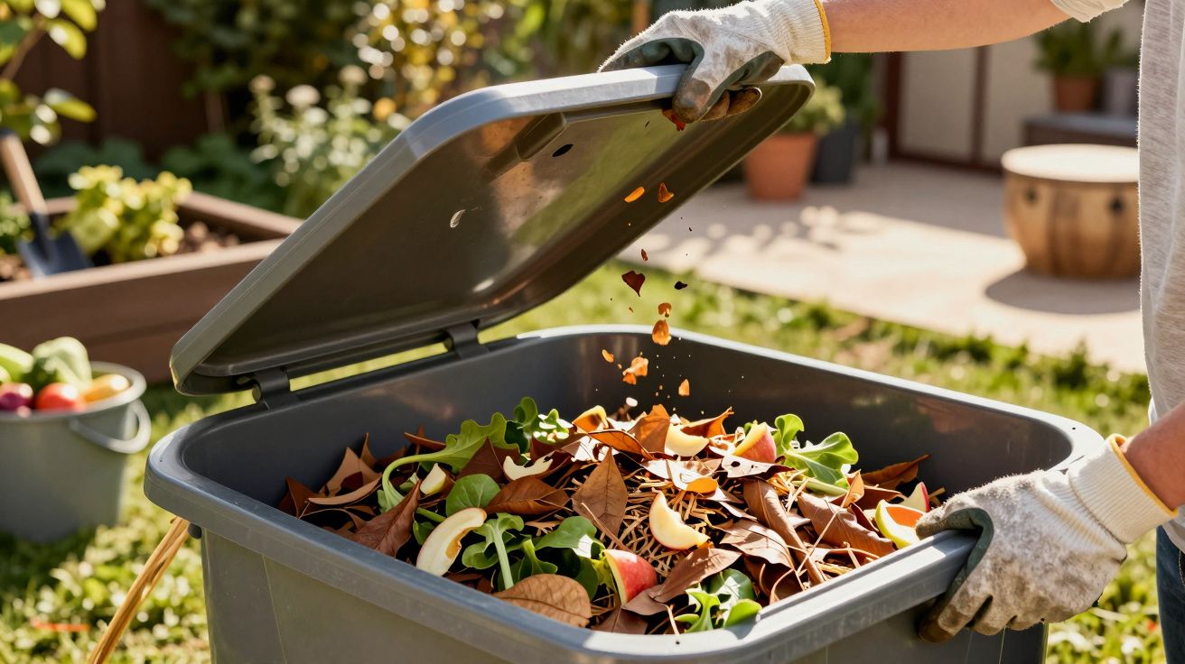 Persoon legt bladeren en groenteafval in een compostbak, draagt handschoenen. Tuin in de achtergrond, zonnige dag.
