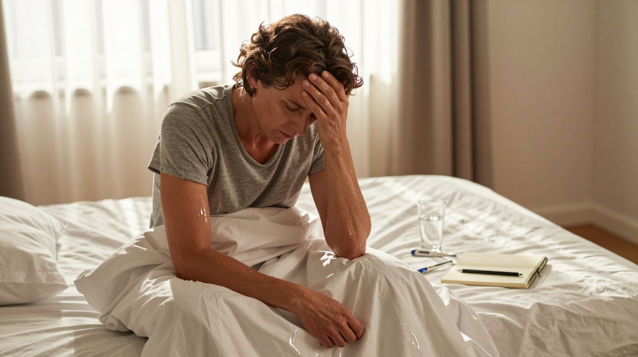 Persoon zit op bed met hand op hoofd, lijkt bezorgd. Notitieboek en glas water op nachtkastje naast het bed.