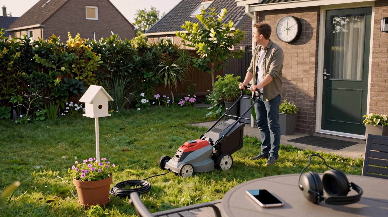 Man maait gras in tuin met grasmaaier, naast een tafeltje met telefoon en koptelefoon. Vogelhuisje en planten in de tuin.