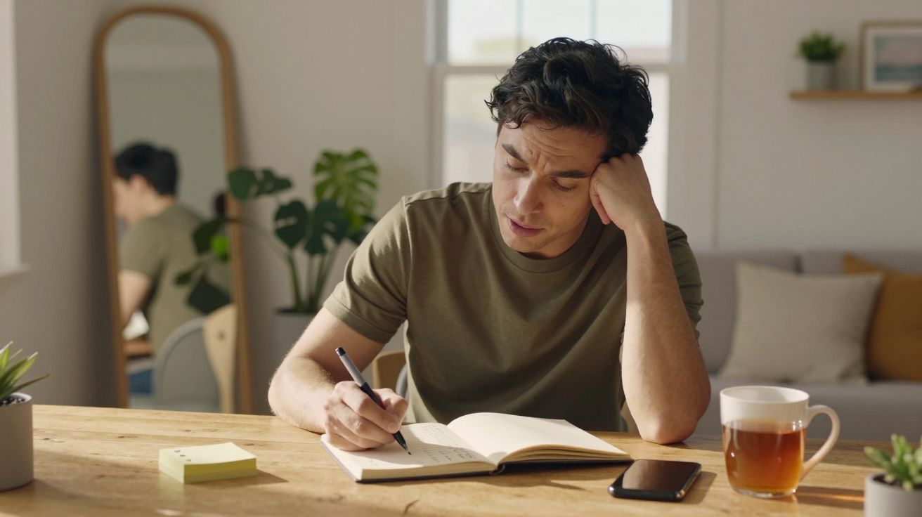 Man schrijft in notitieboek aan houten tafel, met smartphone, thee en planten in een lichte kamer.