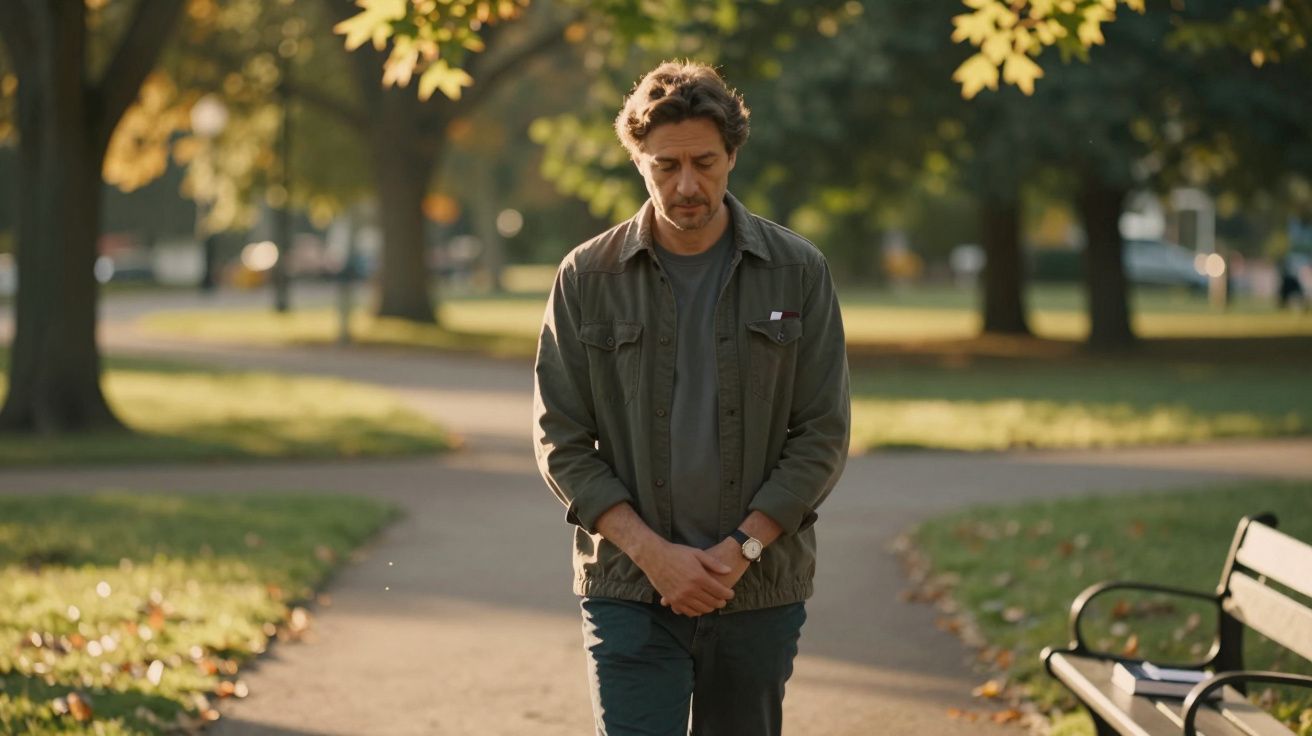 Man loopt door een groen park met bomen en een bankje op de voorgrond, zonlicht schijnt door bladeren.