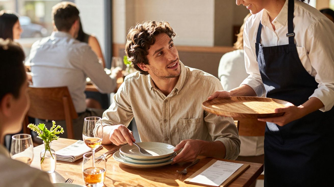 Man in restaurant bestelt eten bij een ober.