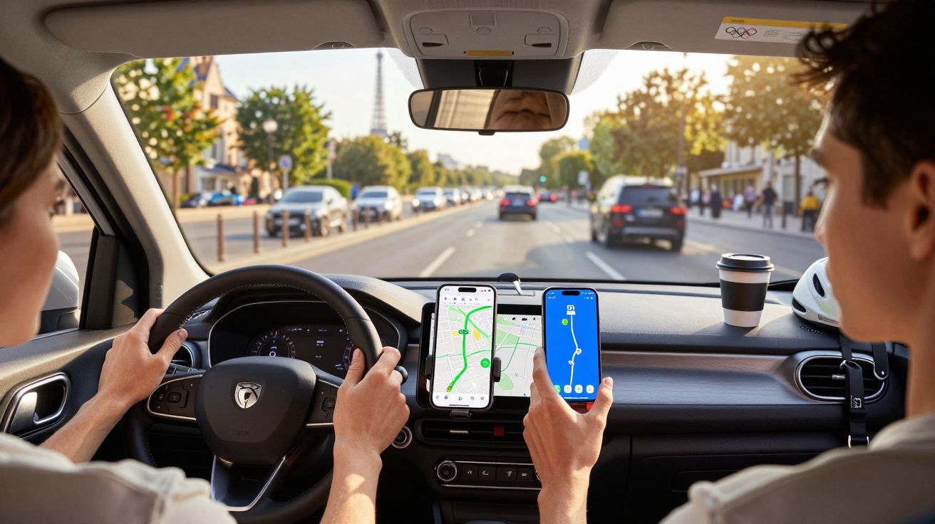 Twee personen in een auto, gebruiken telefoons met navigatie-apps. Straat met bomen en verkeer zichtbaar door voorruit.