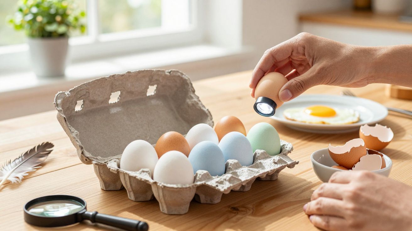 Hand onderzoekt eieren in verschillende kleuren met zaklamp, eierschalen en vergrootglas op houten tafel.