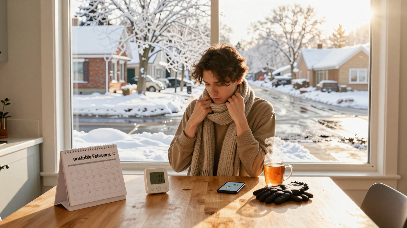Man met sjaal zit aan tafel bij raam met winterlandschap, kalender, telefoon, kop thee, handschoenen, en thermometer.